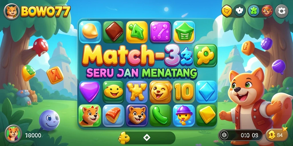 Tangkapan layar BOWO77 menampilkan gameplay Match-3 yang menarik dan penuh warna.