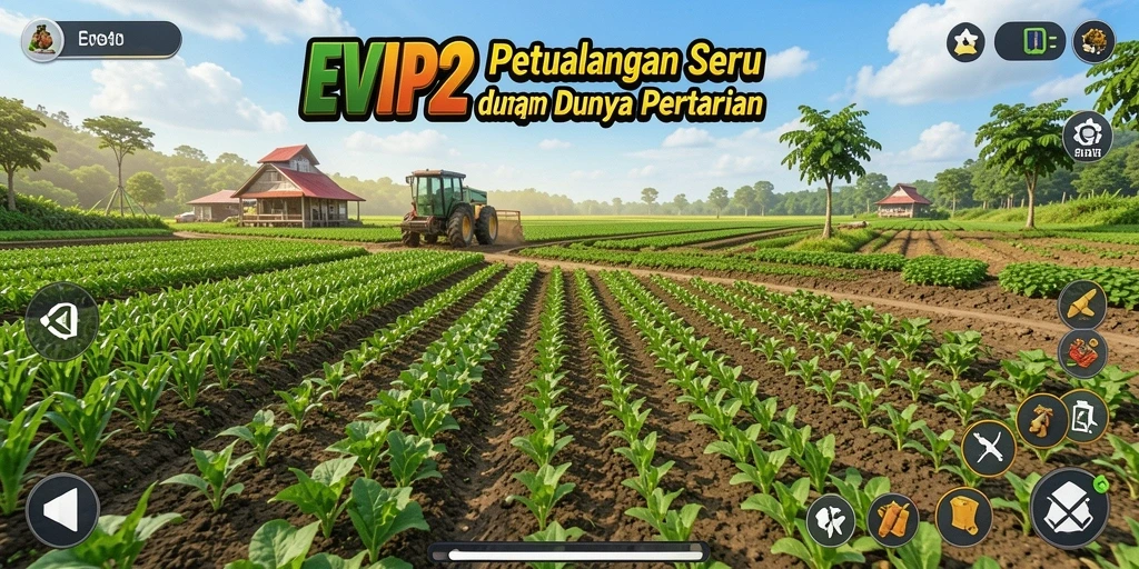 Tangkapan layar utama EVIP2 menunjukkan aktivitas bertani yang seru dan interaktif.