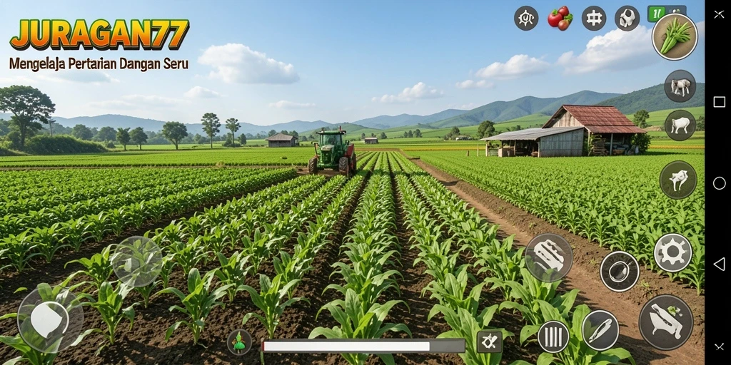 Screenshot gameplay JURAGAN77 menampilkan ladang yang subur dan hewan ternak.