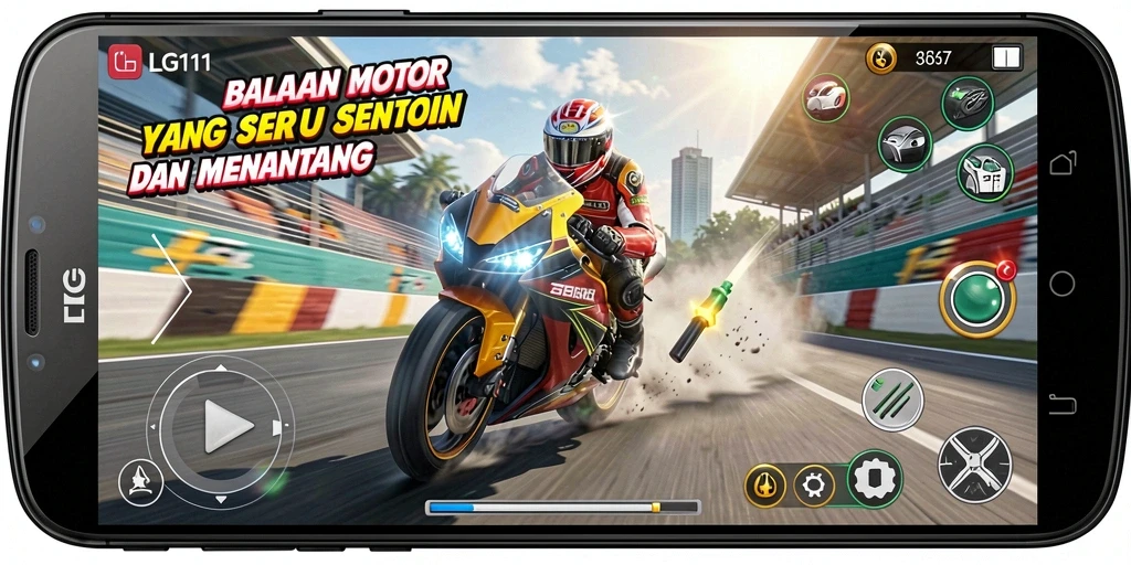 Screenshot utama LG111 menampilkan aksi balapan motor yang seru.