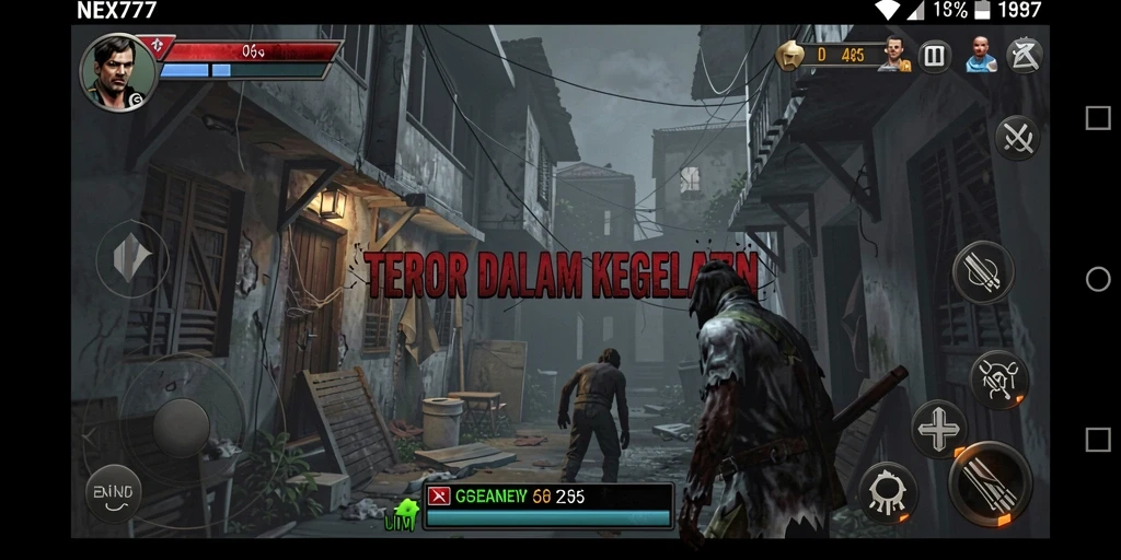 Screenshot gameplay NEX777 menampilkan suasana mencekam dari permainan horor.