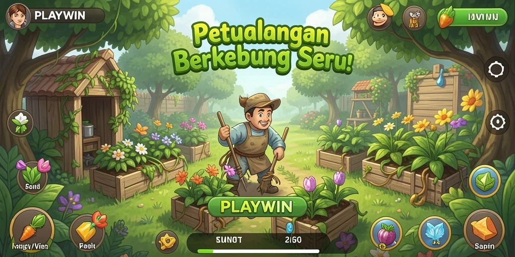 Tampilan gameplay <strong>PLAYWIN</strong> yang menawan dengan kebun yang rimbun.