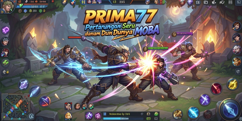 Tangkapan layar utama PRIMA77 menampilkan aksi intens dalam permainan MOBA.