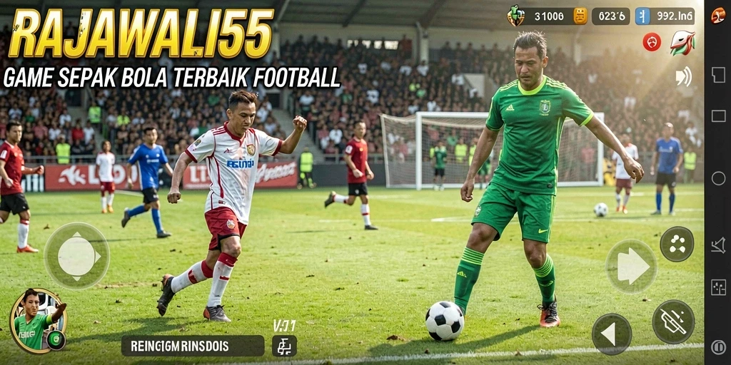 Tangkapan layar utama RAJAWALI55 menampilkan gameplay sepak bola yang mendebarkan.