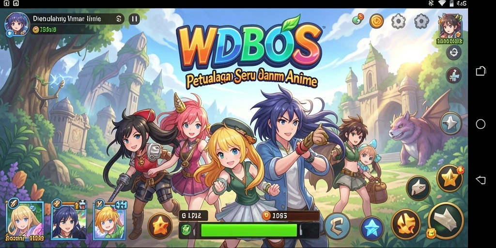 Tangkapan layar utama WDBOS menampilkan aksi seru dari karakter Anime.